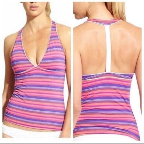 Athleta Size S Purple Pink Stripe Vacation Tulum T Back Swim Tankini Top $70 - Picture 1 of 10